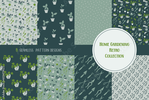 Set of home gardening seamless patterns. Houseplants, tools, simple textures. Vector illustrations of garden elements. Cute minimalistic style retro backgrounds.