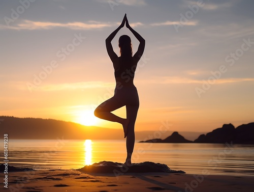Woman in Beautiful Beach Sunset Yoga Pose