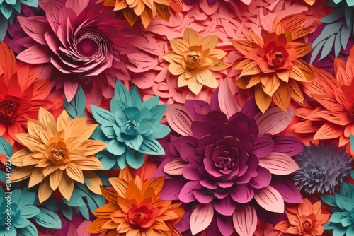 Digital illustration of a seamless tile pattern, colorful paper flowers, horizontal rectangle orientation, generative AI  © Carl & Heidi