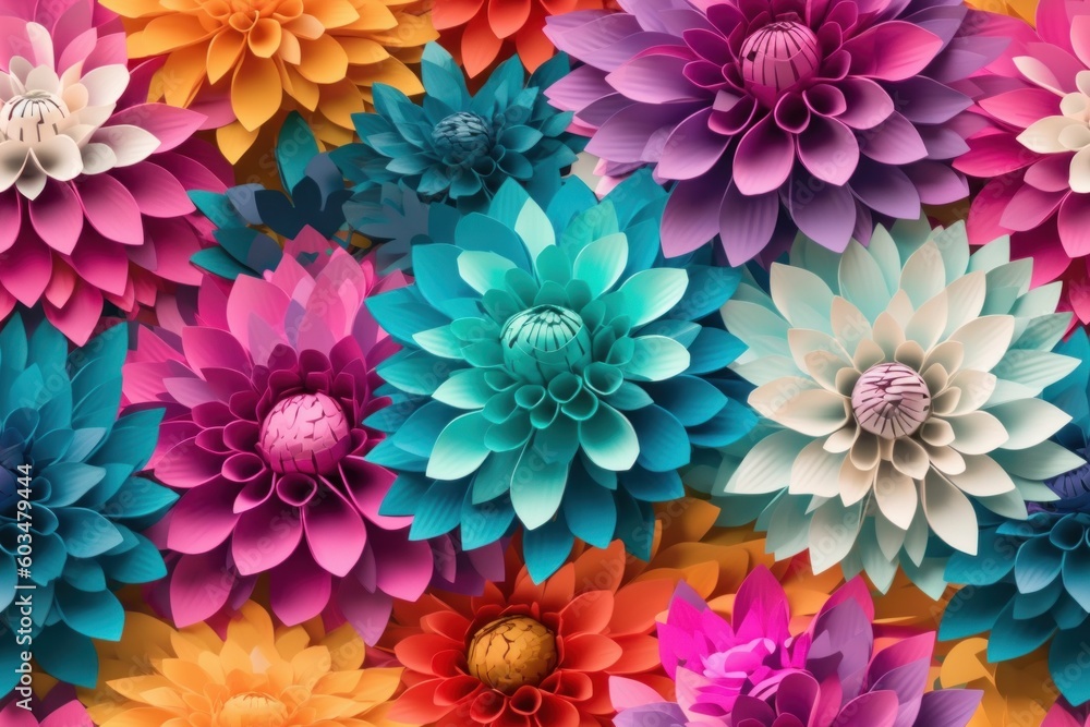 Digital illustration of a seamless tile pattern, colorful paper flowers, horizontal rectangle orientation, generative AI
Digital illustration of a seamless tile pattern, colorful paper flowers, horizontal rectangle orientation, generative AI