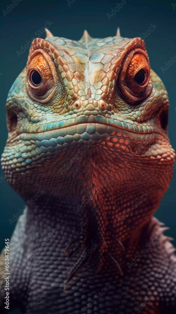 Fototapeta premium Portrait of beautiful lizard face, colorful illustration, Generative AI