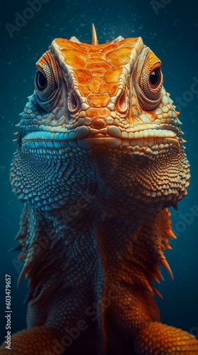 Portrait of beautiful lizard face, colorful illustration, Generative AI
