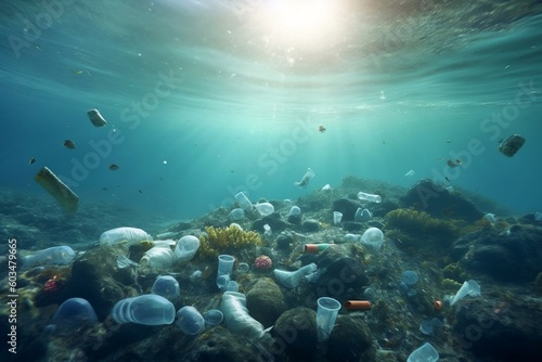 Underwater Menace Plastic Pollution in the Ocean. Generative AI © Usmanify
