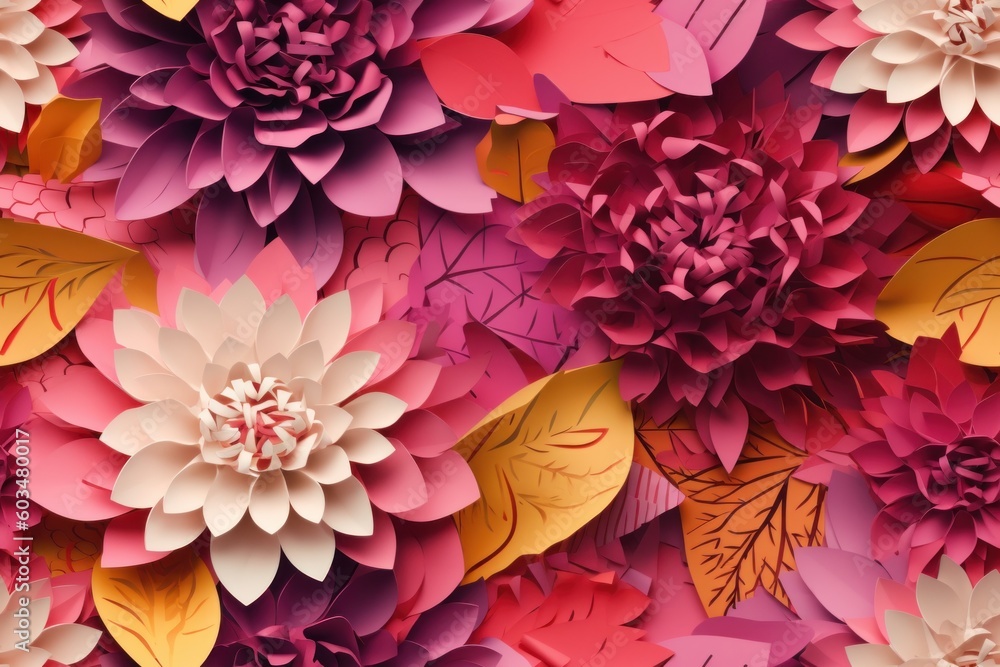Digital illustration of a seamless tile pattern, colorful paper flowers, horizontal rectangle orientation, generative AI
