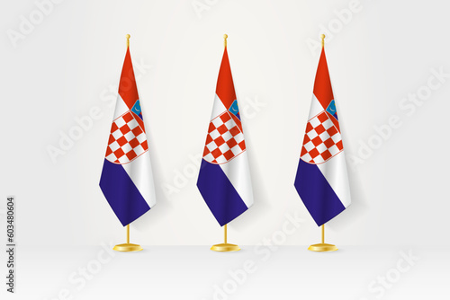 Three Croatia flags in a row on a golden stand, illustration of press conference and other meetings.