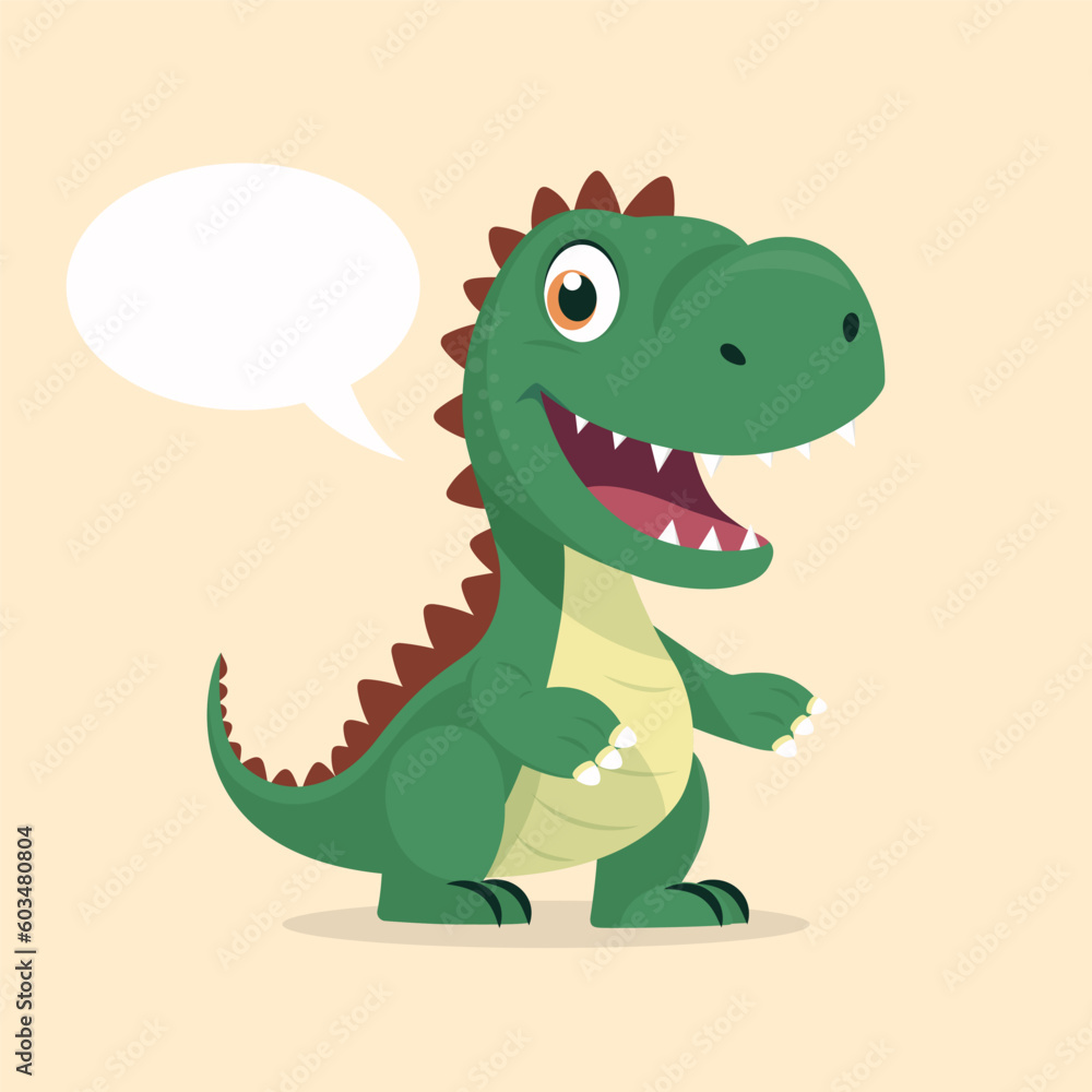 Vector Cute Kind Baby Kid Smiling Dinosaur. Happy Cartoon Green Dinosaur Tyrannosaurus Rex, Tyrex with Speech Bubble in Flat Style on Blue Background Vector Cute Kind Baby Kid Smiling Dinosaur. Happy Cartoon Green Dinosaur Tyrannosaurus Rex, Tyrex with Speech Bubble in Flat Style on Blue Background