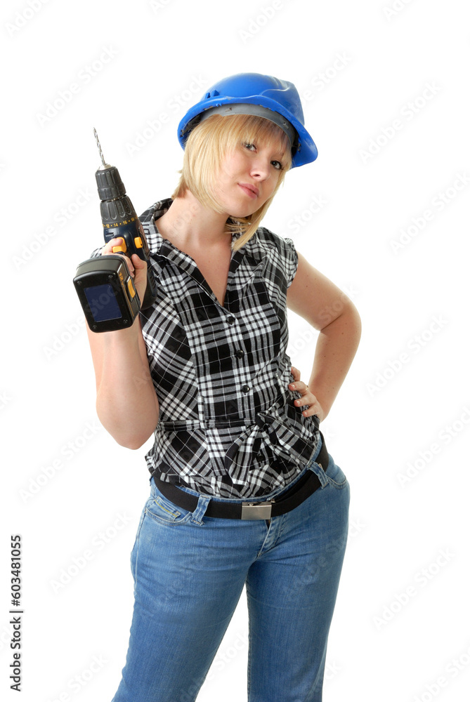 cute girl wearing blue safety helmet and holding power tool cute girl wearing blue safety helmet and holding power tool