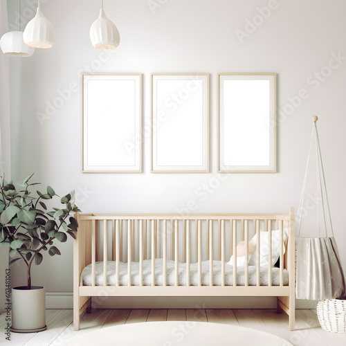 nursery room with a cot and morning sunlight streaming through, bright and airy with a large blank poster frame on the white wall for adding in your own artwork if desired