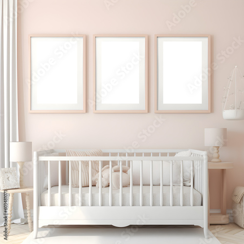 mockup for wall artwork, three peice set, nursery room with a cot and morning sunlight streaming through, bright and airy with a large blank poster frame on the pink  wall photo