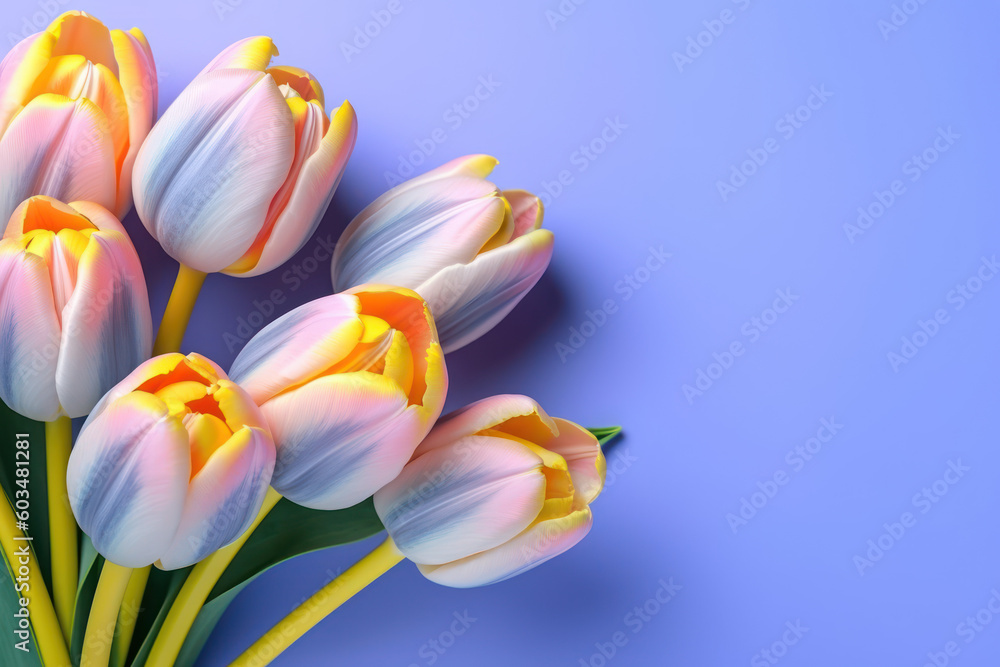 Lilac and Yellow Tulips on Blue background, easter flowers, generative ai