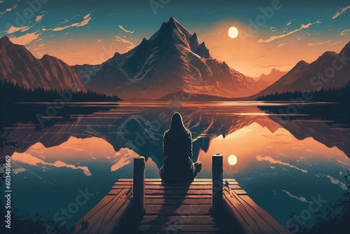 Scenic View of a Lake, Mountains, and Sunset Woman Seated on Dock. AI