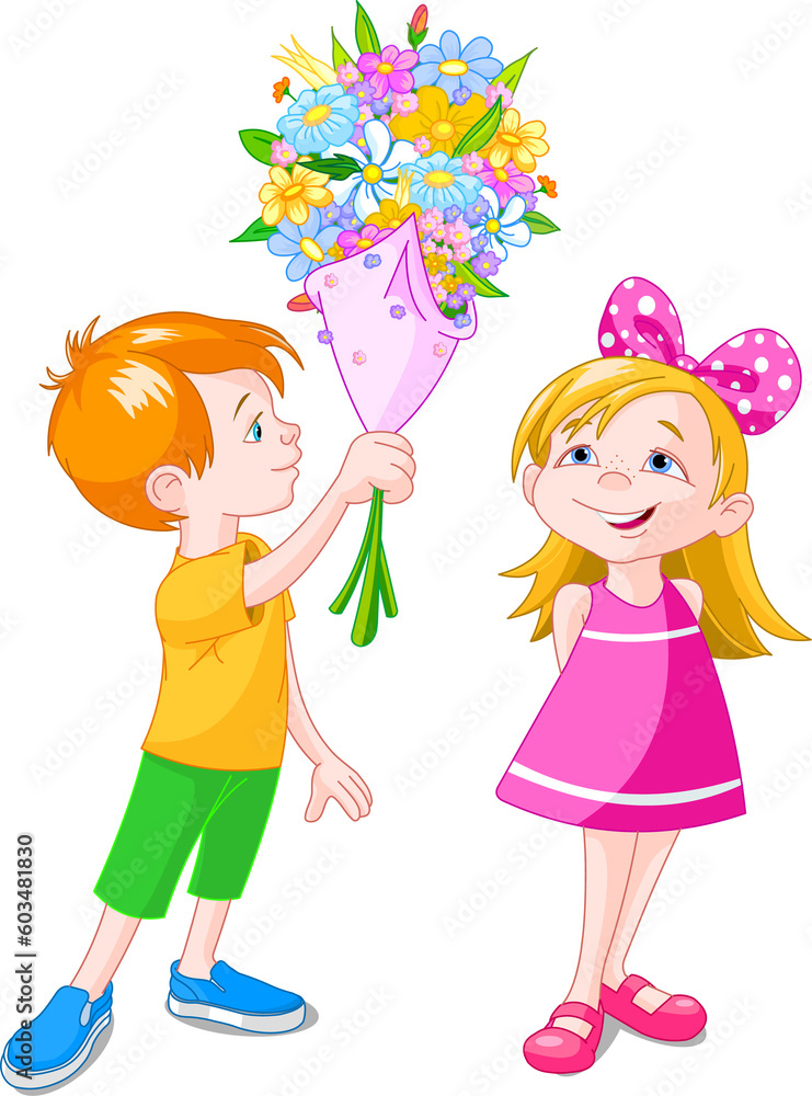 Boy giving a bouquet to girl. Vector illustration Boy giving a bouquet to girl. Vector illustration