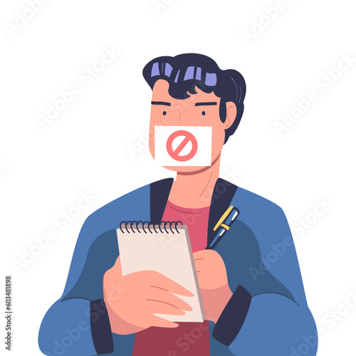 Prohibition of Independent Media with Man Having Closed Mouth Writing in Notepad Vector Illustration