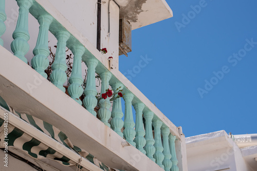 balcony of a building old house greece street kos nisyros island mediterranean town blue white
