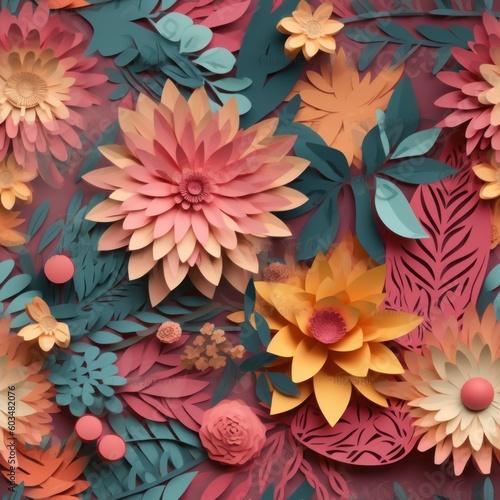 Digital illustration of a seamless tile pattern  colorful paper flowers  autumn palette  square orientation  generative AI 
