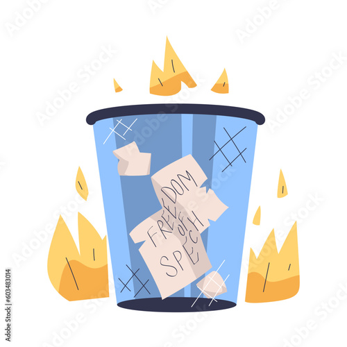 Prohibition of Independent Media with Paper in Dustbin in Flame Vector Illustration