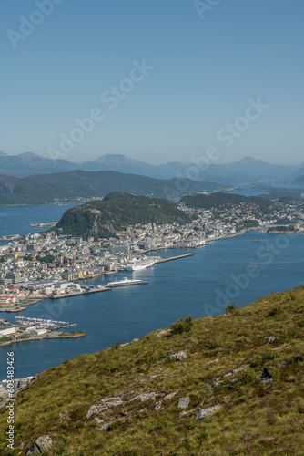 Summer view from Sukkertoppen mountain toward the surrounding islands and ocean. Bushes in the foreground. View on Ålesund. hiking, trekking, summer