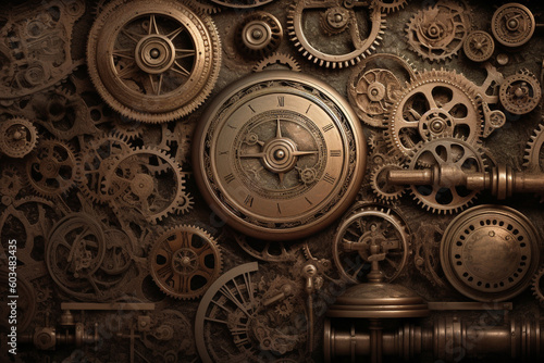 Steampunk style old and rusty gear wheels and clocks background with copy space. Generative AI