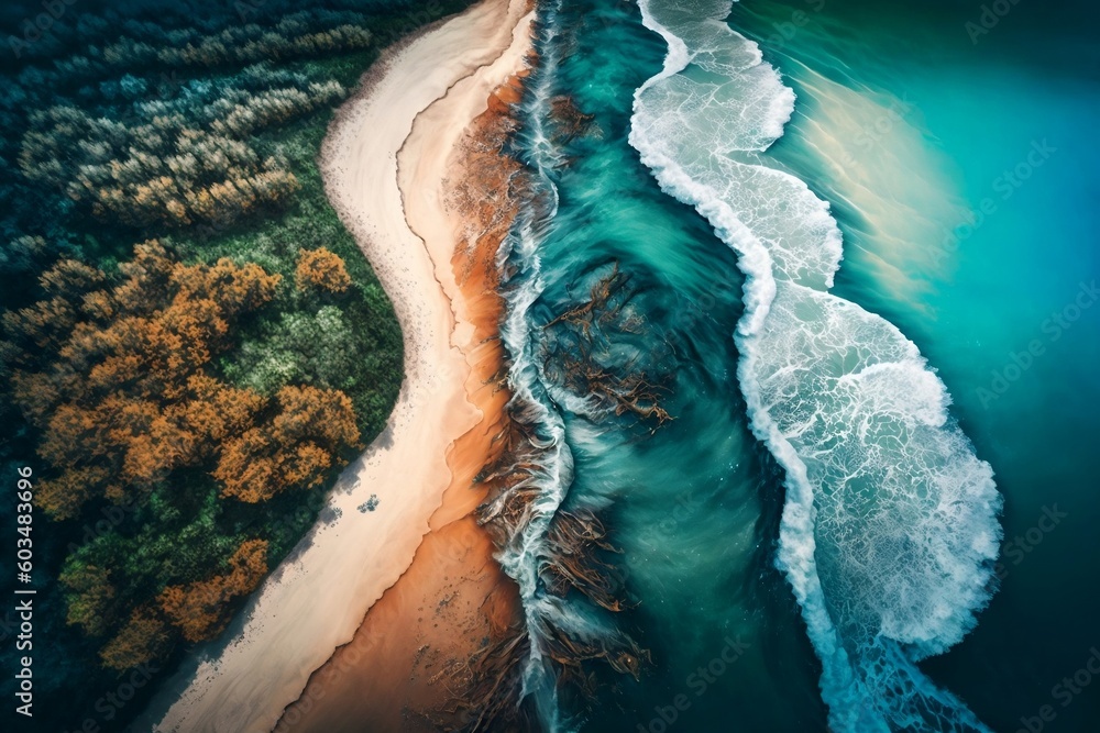 Panoramic Aerial View: Harmonious Meeting of River and Sea Waves at High and Low Tide