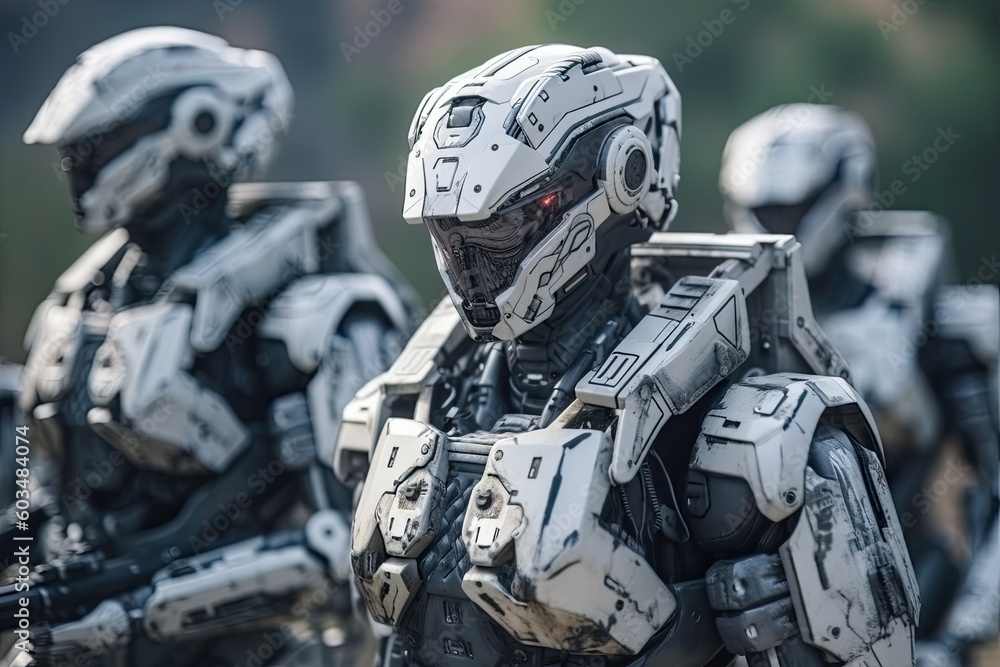 Many futuristic military cyborgs outdoors on field. Wars of the future, combat robots fully replace humans. AI generative Many futuristic military cyborgs outdoors on field. Wars of the future, combat robots fully replace humans. AI generative