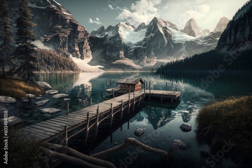 Lakeside Dock with Majestic Mountain Backdrop A Serene Landscape. AI