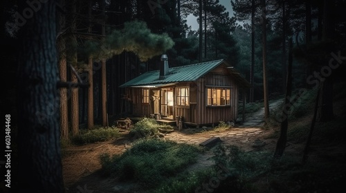 Wooden cabin with lights in forest created with Generative AI technology.