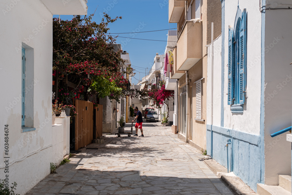 narrow street in the old town pastel houses kardamena greek town kos island greece atmospheric postcard