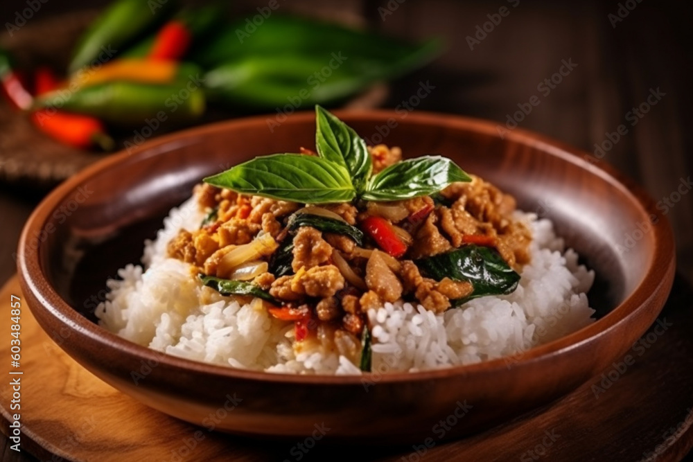 White rice and minced spicy pad krapow gai, Thailand food. Generative ...