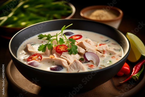 close up of Bowl of Tom Kha Gai, chicken in coconut soup soup, Thailand food. Generative AI