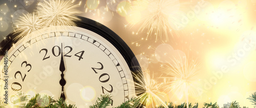 Obraz na płótnie New Year's Eve 2024 concept. Clock hands on year number 2024. Gold magic background with fireworks and blurred lights. w salonie