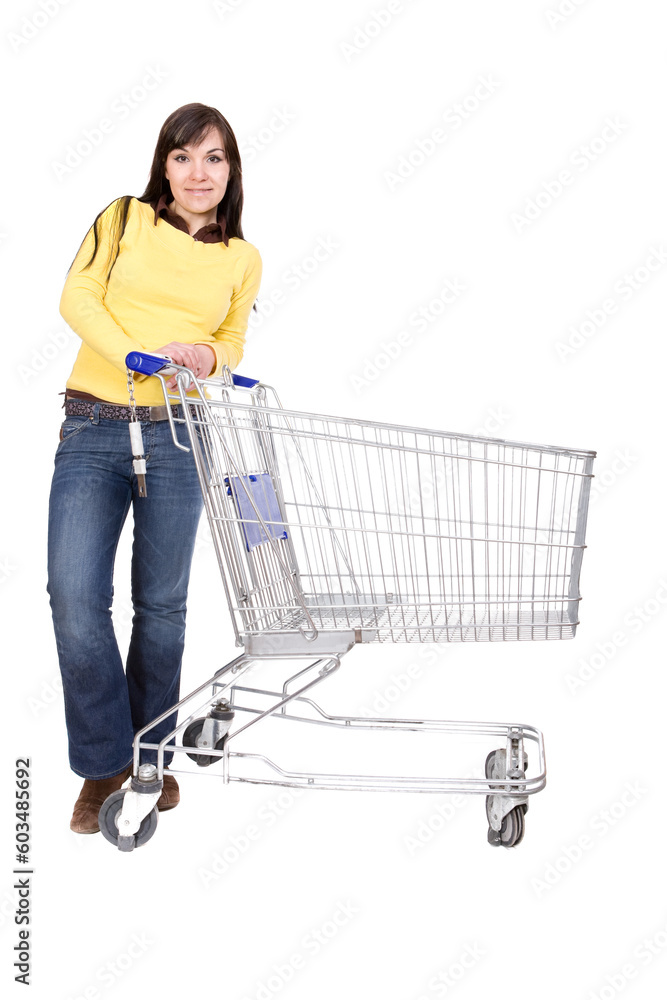 attractive brunette woman with shopping cart attractive brunette woman with shopping cart