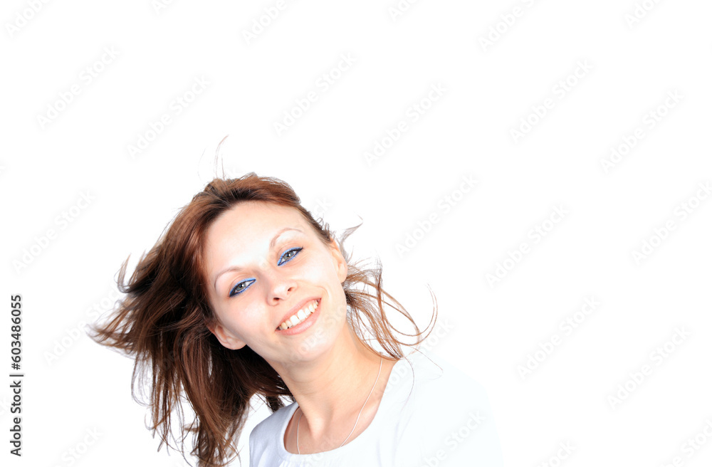 Closeup portrait of a happy young woman smiling isolated on white background