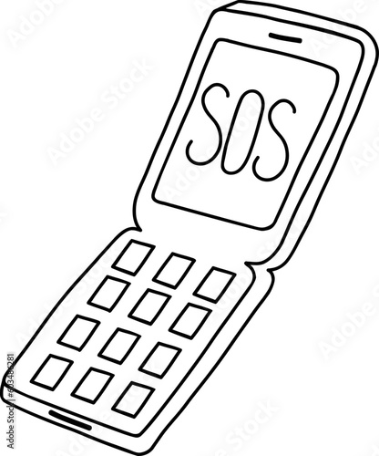 Cute retro clamshell phone. An SOS message. Vector black and white illustration in the concept of the 80s, 90s. The retro flip phone is highlighted on a white background. Coloring book.