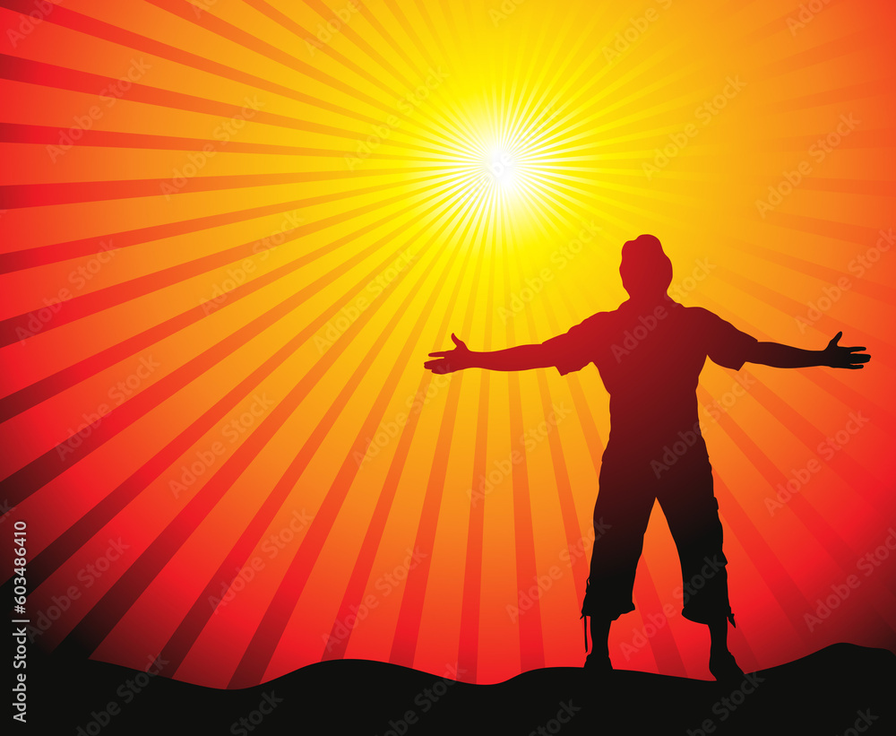 Man with his arms wide open in sun lite background