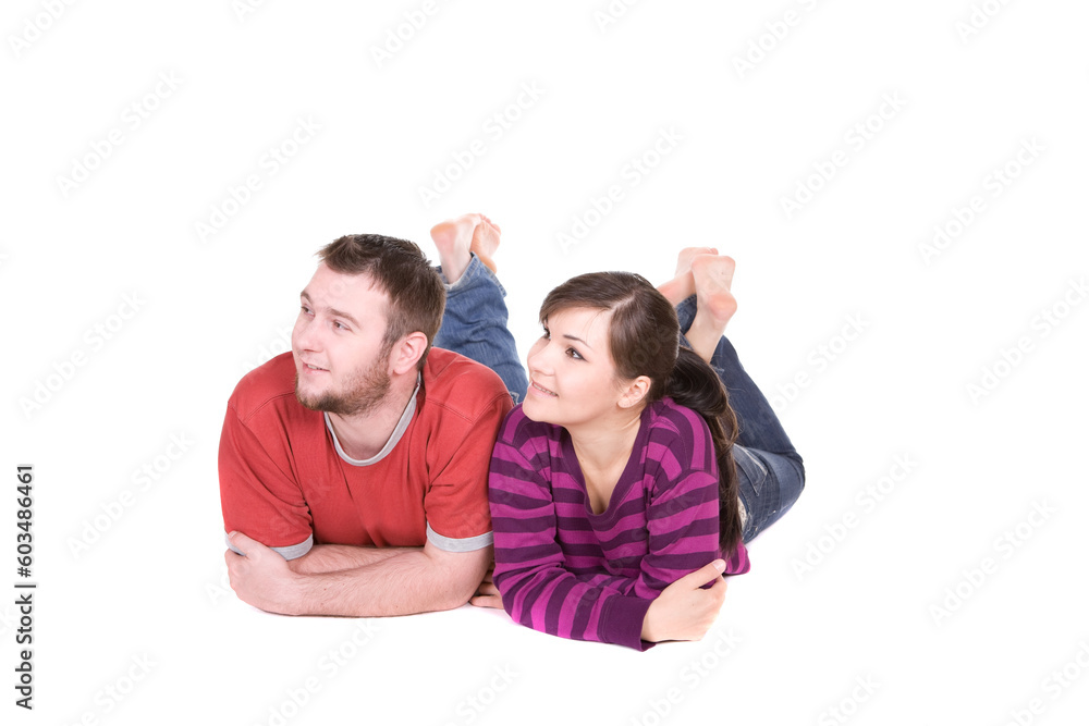 happy young couple together on white background happy young couple together on white background