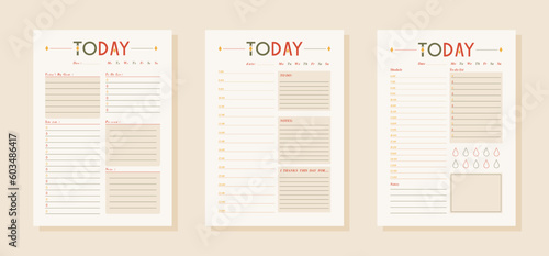 Three vector simple daily planners in one style. Minimalist design of organizer schedule pages with to do list for today for effective planning