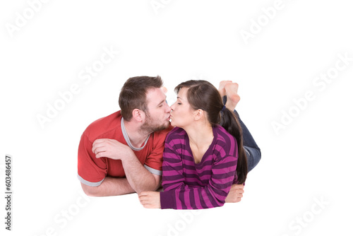 happy young couple together on white background