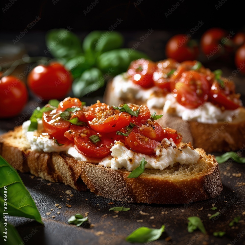 Italian bruschetta with ricotta cheese and tomatoes Illustration AI Generative. Italian bruschetta with ricotta cheese and tomatoes Illustration AI Generative.