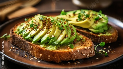 Avocado toast on a white plate on a rustic wooden table Illustration AI Gener...
