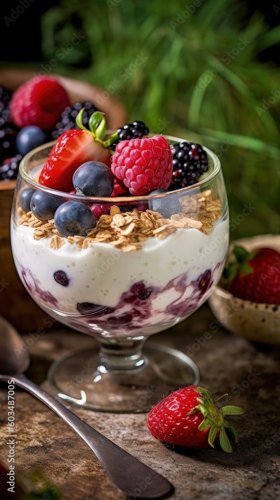 Muesli with berries. Illustration AI Generative. Muesli with berries. Illustration AI Generative.