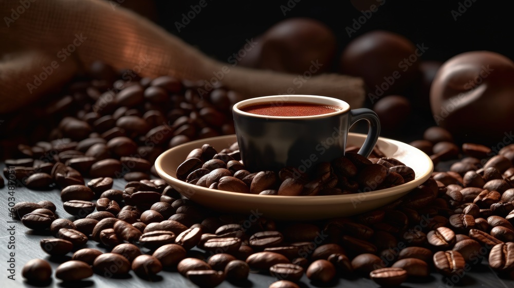 Coffee beans and a cup of black coffee on a wooden table Illustration AI Generative.