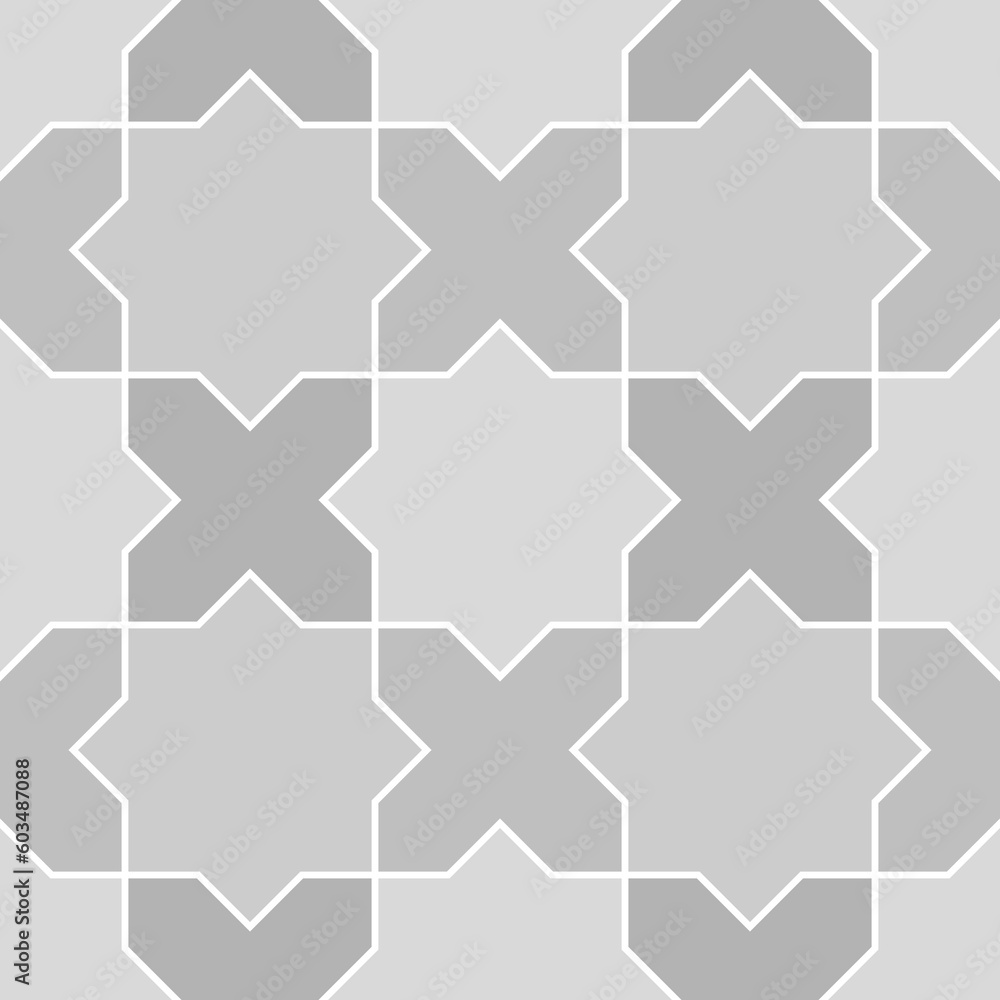 Seamless surface pattern design with Moroccan stars and crosses tiles ornament. Oriental traditional ornamentation with repeated geometric shapes. Ancient mosaic wallpaper. Grid motif. Seamless surface pattern design with Moroccan stars and crosses tiles ornament. Oriental traditional ornamentation with repeated geometric shapes. Ancient mosaic wallpaper. Grid motif.