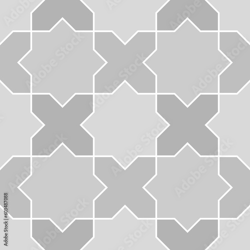 Seamless surface pattern design with Moroccan stars and crosses tiles ornament. Oriental traditional ornamentation with repeated geometric shapes. Ancient mosaic wallpaper. Grid motif.