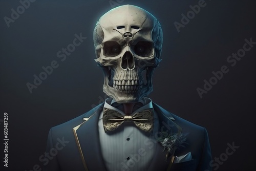 Skull in a Suit with Bow Tie Elegantly Dressed Skeleton. AI
