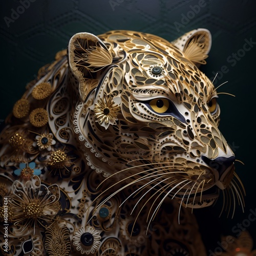 Paper quilling art of a leopard with some flowers © Jardel Bassi