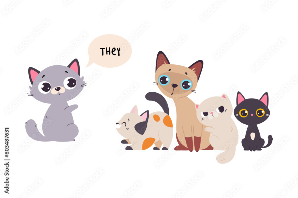Funny Cat and English Subject Pronoun They Vector Illustration