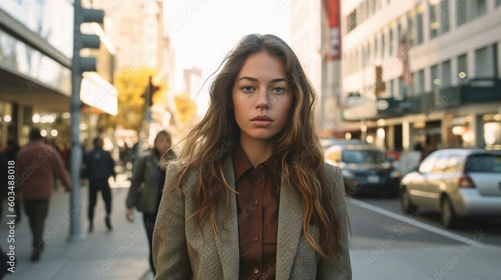 Fototapeta premium Business woman walking on the street. Smart clothes. Generative AI.