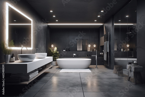 Contemporary and minimalist open floor plan bathroom with white and dark grey interior