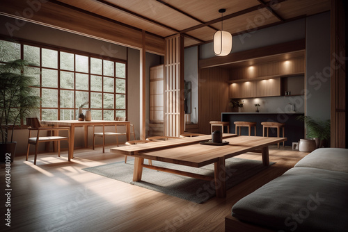 Contemporary and minimalist open floor plan home with white and wooden interior japanese inspired