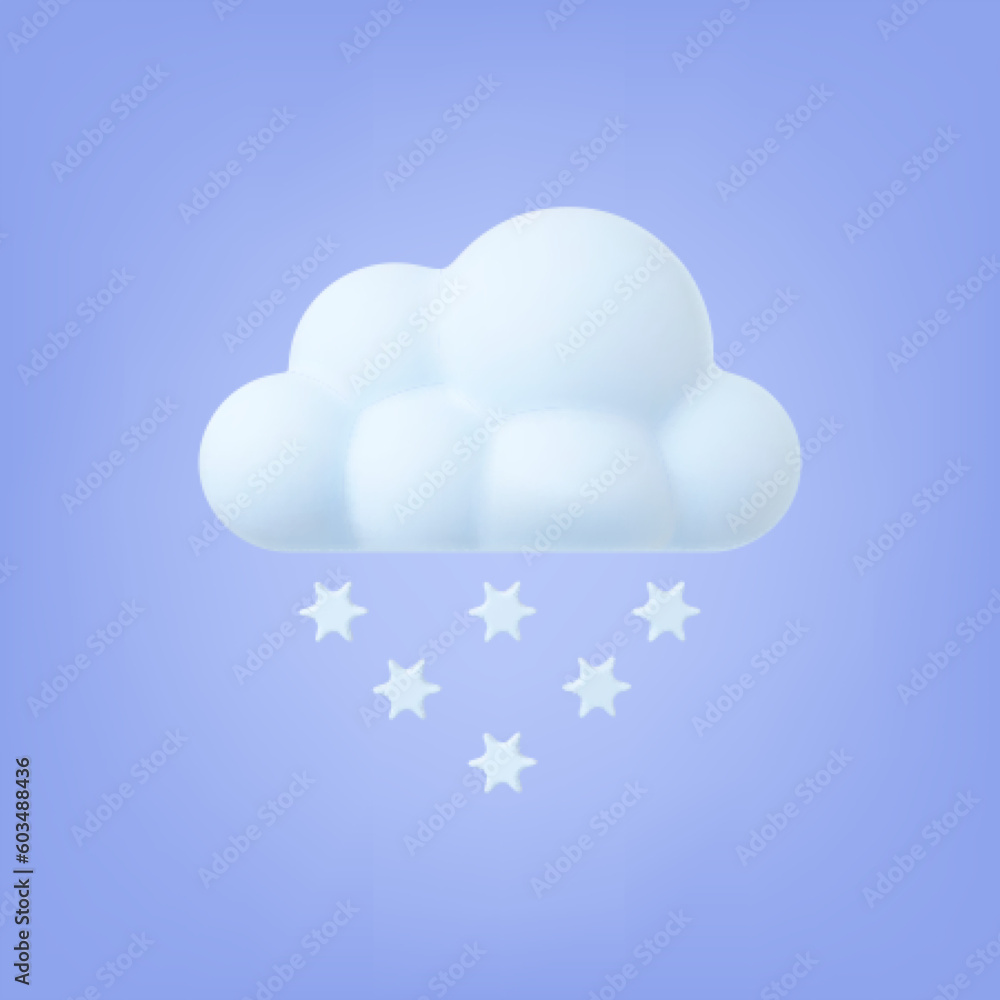 Snowy cloud 3d weather icon. Snowfall, snowflakes falling down. Winter snow, plasticine imitation nature vector graphic element